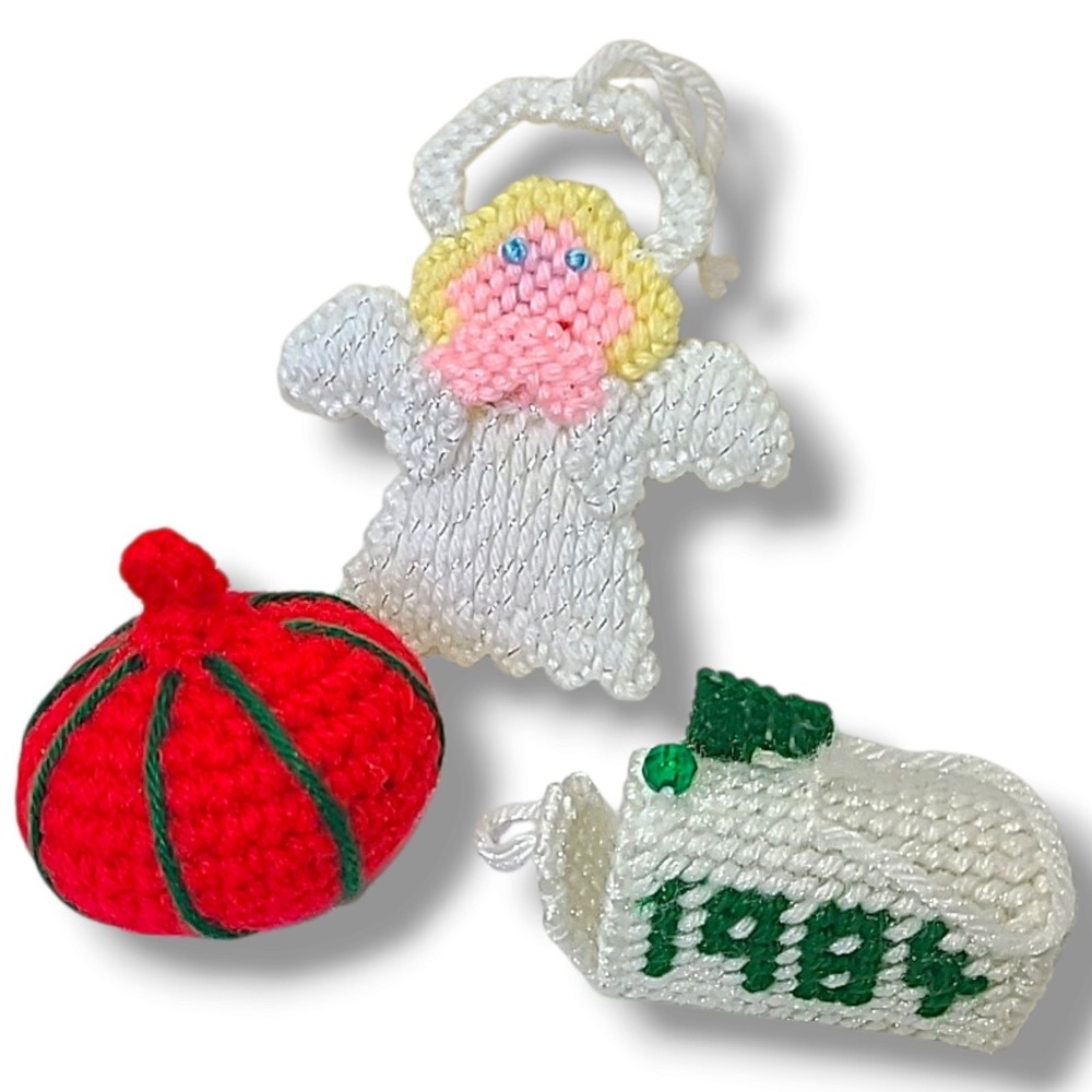 Lot of 3 Vintage Yarn Plastic Canvas Handmade Christmas Ornaments 1984